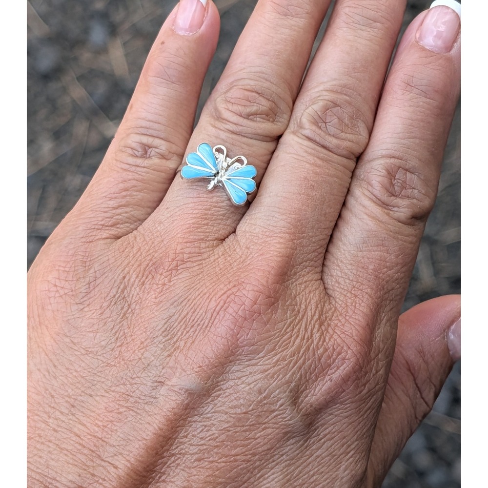 Zuni Inlay Ring Insect Butterfly Sterling Silver 8.25 Unsigned Native Jewelry **